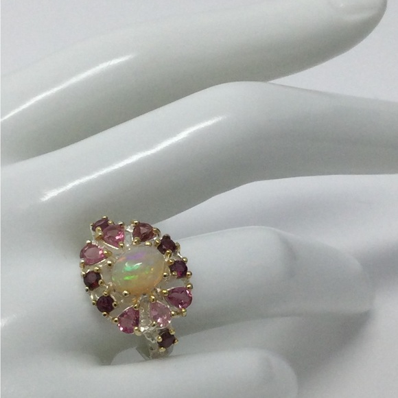 Genuine , Natural Fiery Opal & Pink Tourmalines Ring - Picture 3 of 14